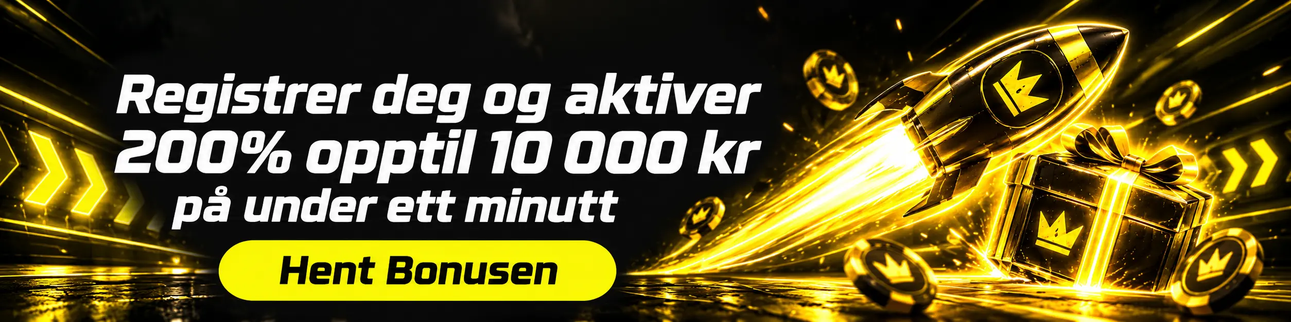 ProntoBet Casino bonusbanner med rakett og gavepakke - registrer deg og aktiver 200% opptil 10 000 kr